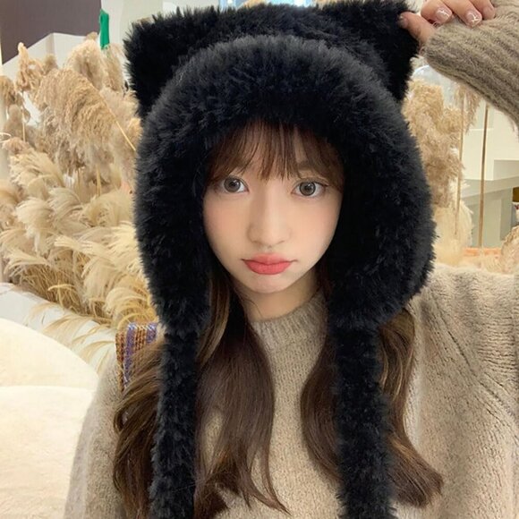 Women Black Winter Beanie Hats Knit Ear Flaps Cute Stuffed Bear Ears Fleece